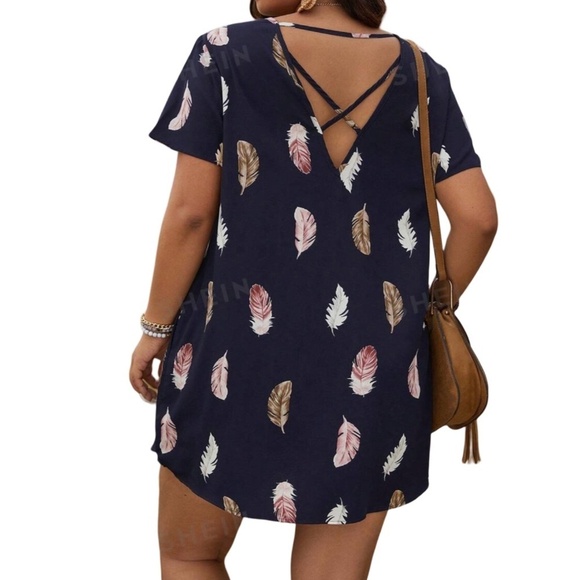 S H E I N Dress Feather Tribal Print Short Sleeve Criss Cross Back Pockets NIP - Picture 4 of 9